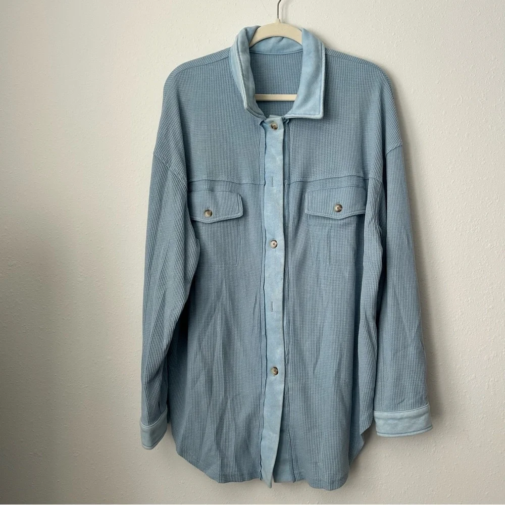 Sky Blue Waffle Knit Pocketed Button-Up Shacket‎
